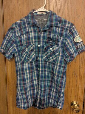 Men's Fitted Short Sleeve Plaid Blue Logo Patchwork Button Jack & Jones Shirt-S